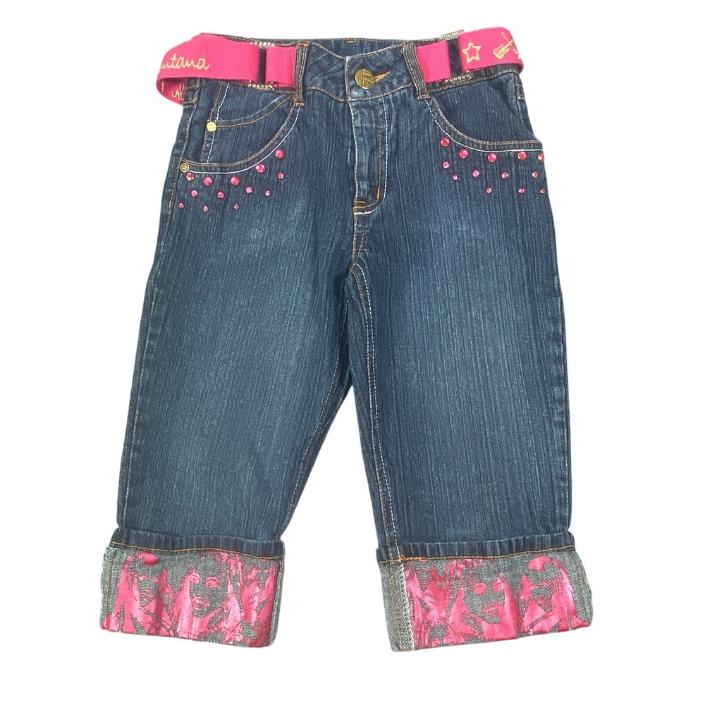 Vintage Y2K Disney Hannah Montana Denim Capri Jeans Girls 10 Blue Pink Belt